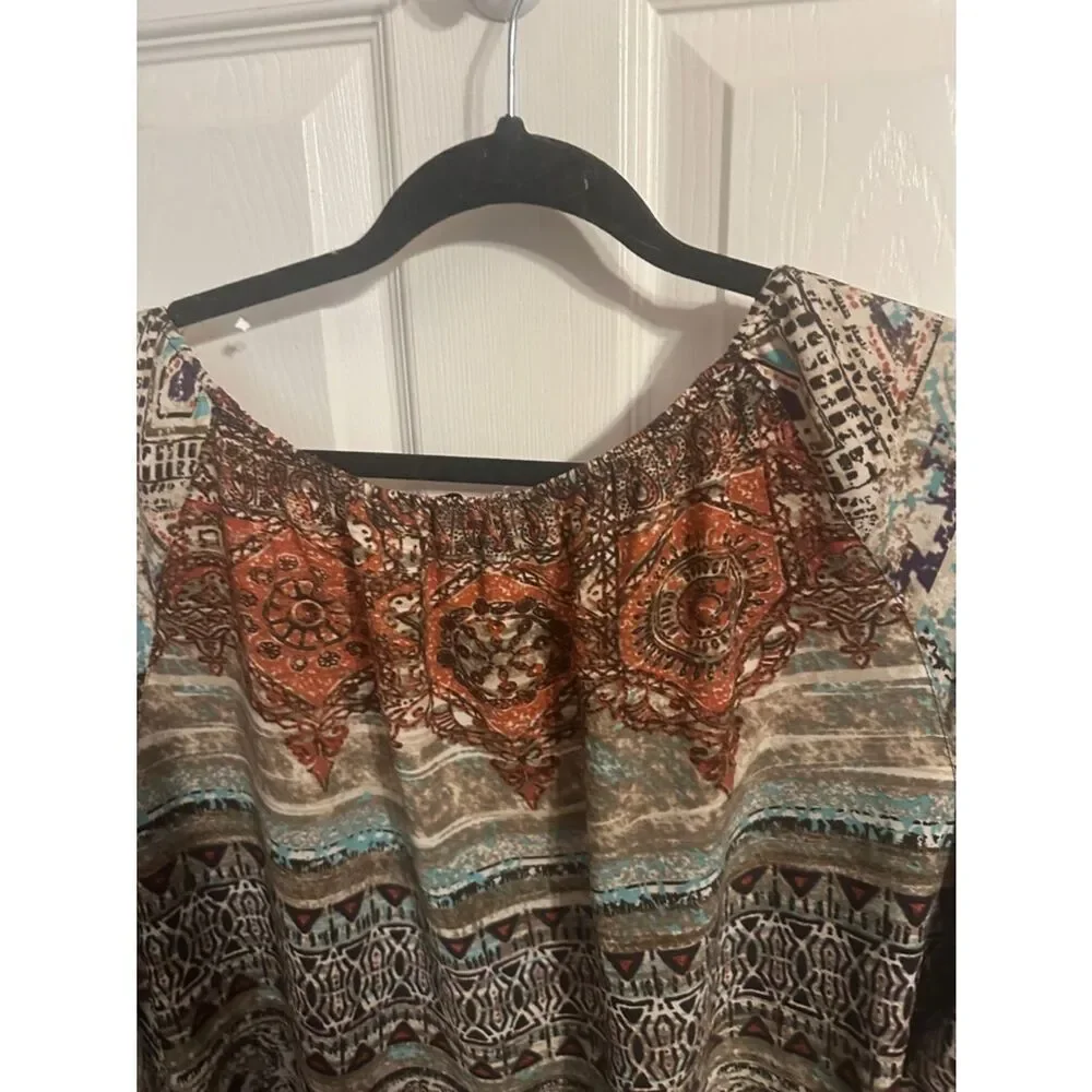 Ali Miles Boho Printed Fringe-Hem Peasant Top in Multicolor 1x - Picture 8 of 9